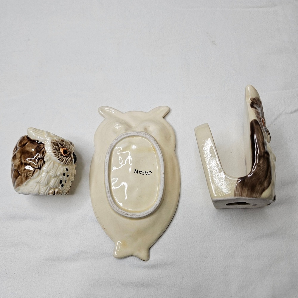 Vtg Ceramic Owl Set Japan Napkin Holder Spoon Rest Toothpick Holder‎ Brown Cream - Picture 7 of 10